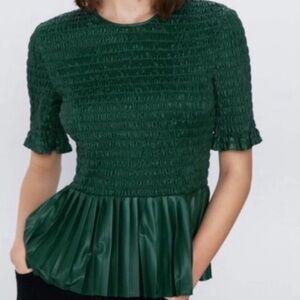 Zara Faux Leather Peplum Smocked Top